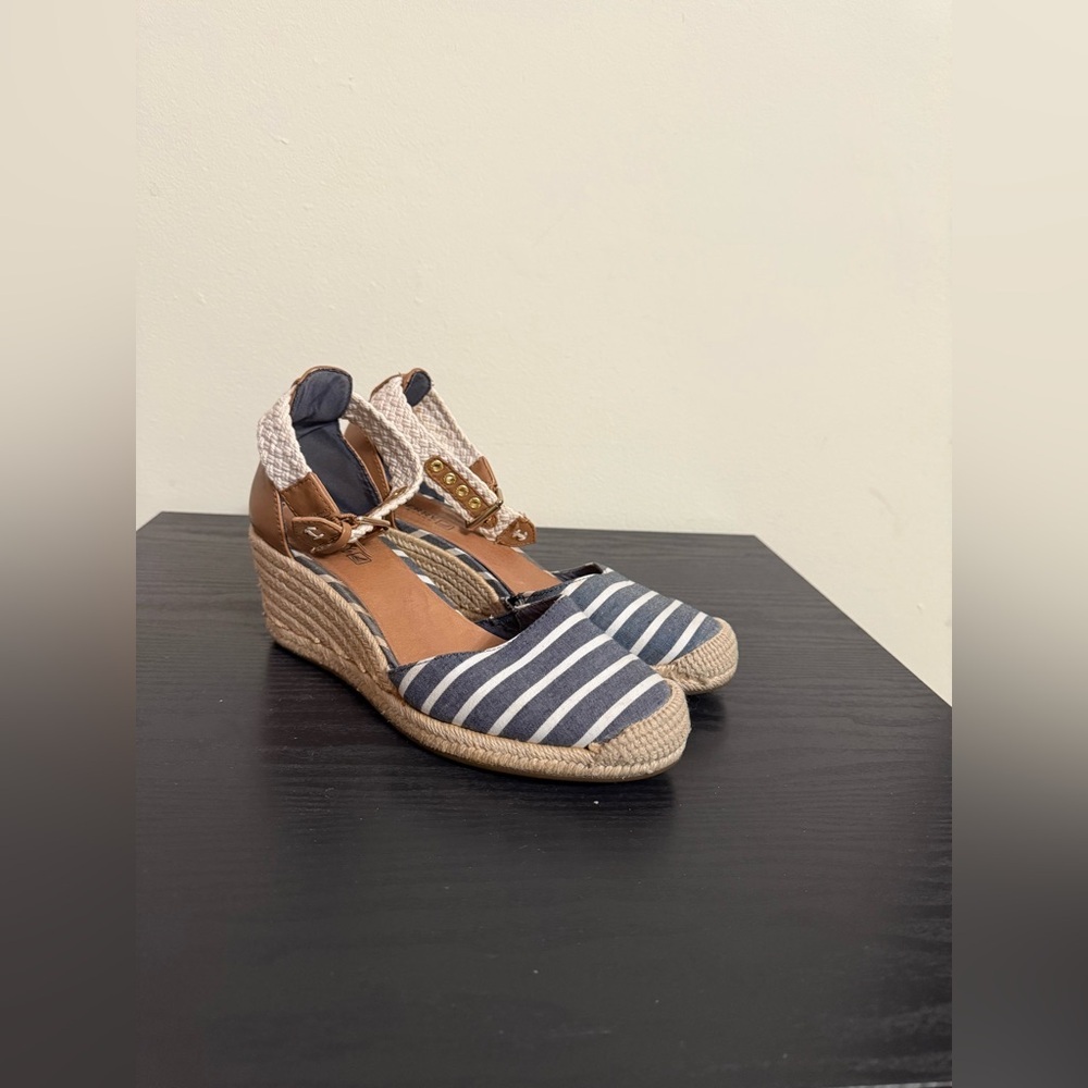 Sperry Top-Sider Espadrille Valencia Wedge Canvas Blue Stripe Womens 8.5M